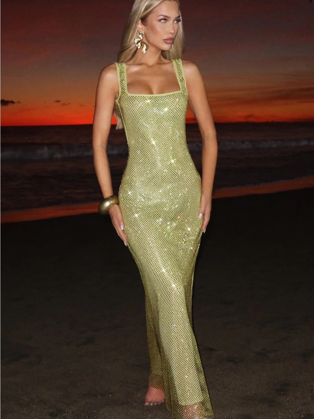 Gold Sequin Maxi Dress with Square Neck - Women